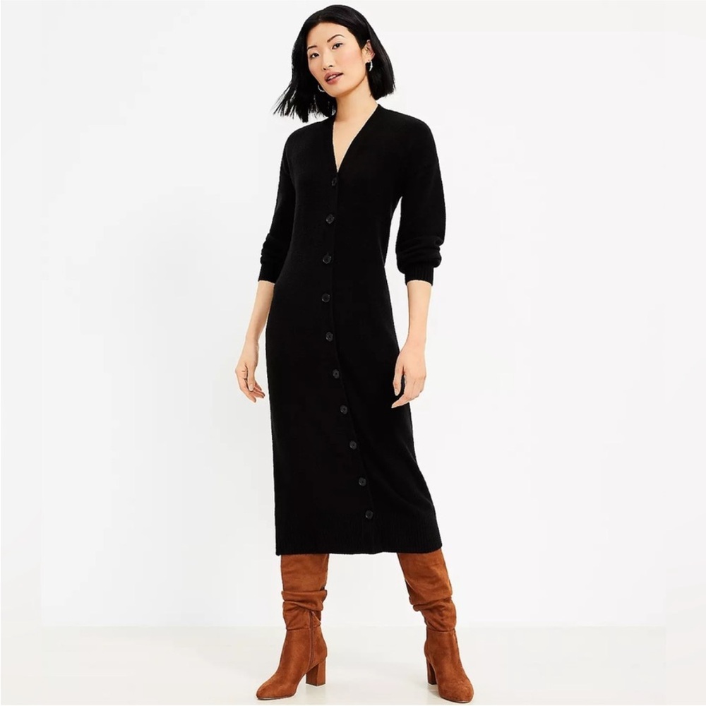 LOFT Black Long Sleeve Button-Down Dress